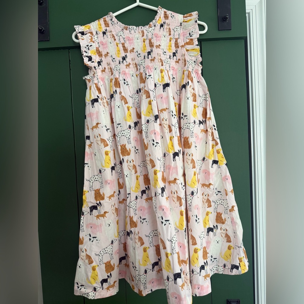 Quince Pink and White Dog print girls Smocked Dress 100% cotton and lined.